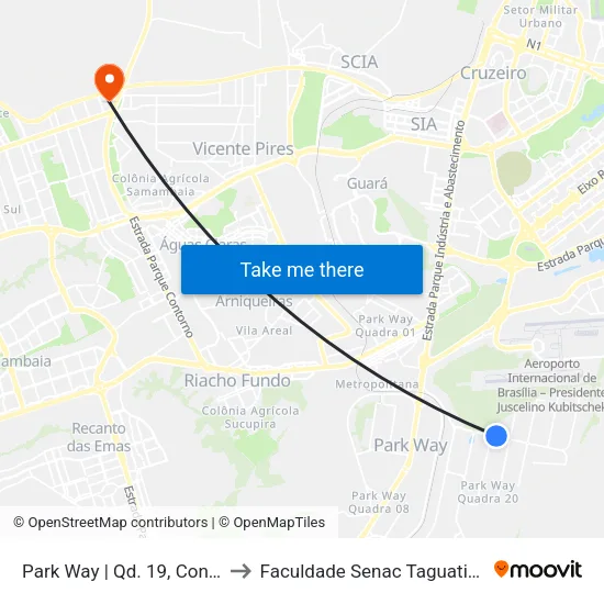 Park Way | Qd. 19, Conj. 1 to Faculdade Senac Taguatinga map