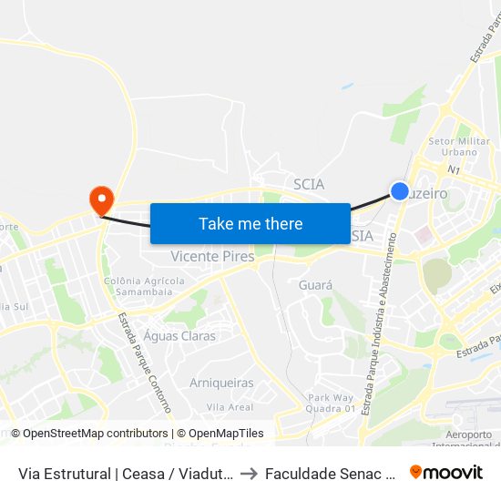 Via Estrutural | Ceasa / Viaduto Ayrton Senna to Faculdade Senac Taguatinga map