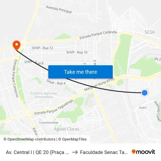 Av. Central l | QE 20 (Praça das Artes) to Faculdade Senac Taguatinga map
