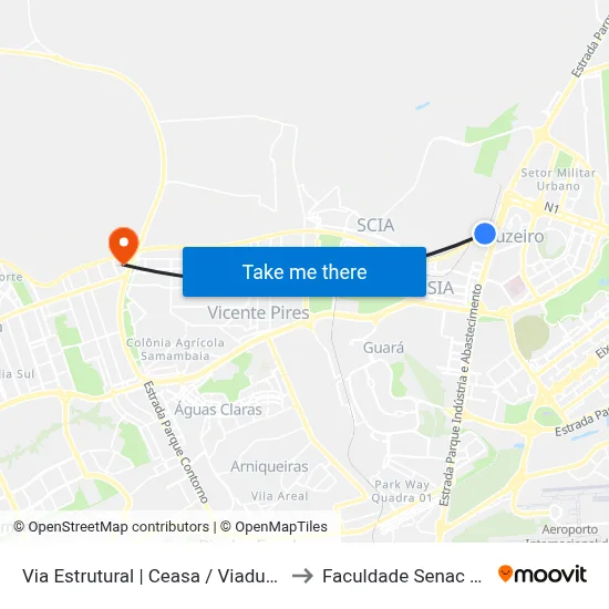 Via Estrutural | Ceasa / Viaduto Ayrton Senna to Faculdade Senac Taguatinga map