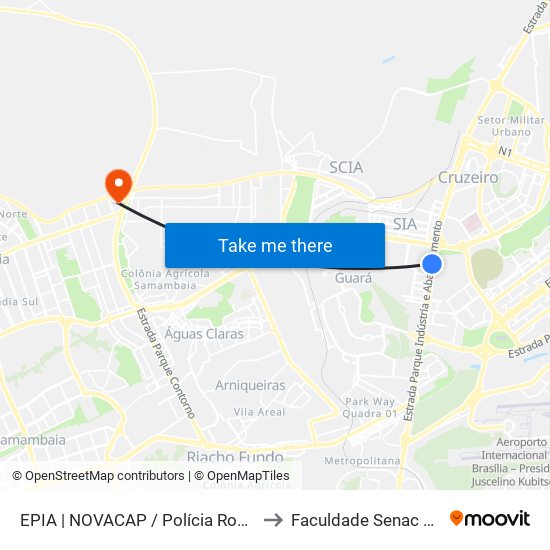 EPIA | NOVACAP / Polícia Rodoviária Federal to Faculdade Senac Taguatinga map