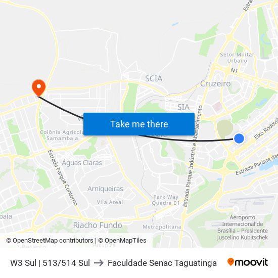 W3 Sul | 513/514 Sul to Faculdade Senac Taguatinga map