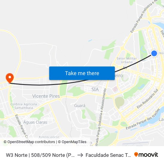 W3 Norte | 508/509 Norte (Pão de Açúcar) to Faculdade Senac Taguatinga map