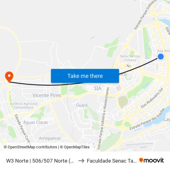 W3 Norte | 506/507 Norte (McDonald's) to Faculdade Senac Taguatinga map