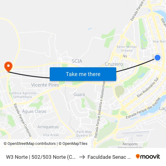 W3 Norte | 502/503 Norte (Colégio Marista) to Faculdade Senac Taguatinga map