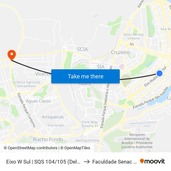 Eixo W Sul | SQS 104/105 (Delegacia da Mulher) to Faculdade Senac Taguatinga map