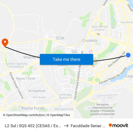 L2 Sul | SQS 402 (CESAS / Escola de Música) to Faculdade Senac Taguatinga map