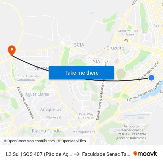 L2 Sul | SQS 407 (Pão de Açúcar / IDP) to Faculdade Senac Taguatinga map