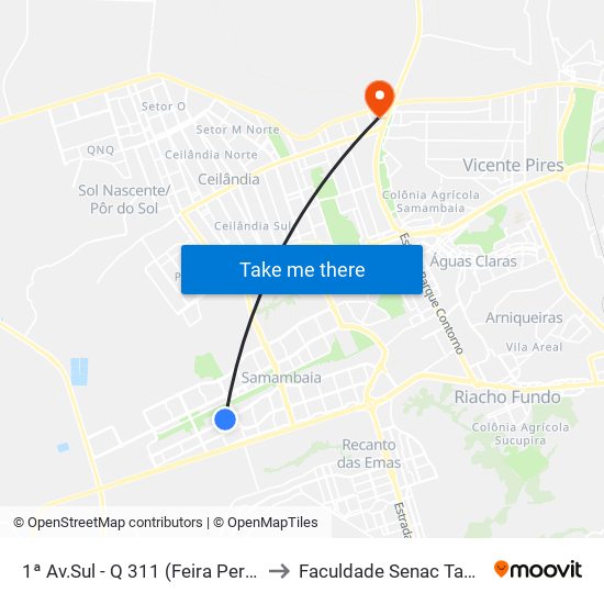 1ª Av.Sul - Q 311 (Feira Permanente) to Faculdade Senac Taguatinga map