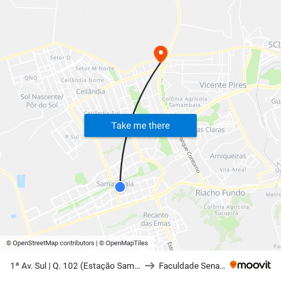 1ª Av. Sul | Q. 102 (Estação Samambaia / Castelo Forte) to Faculdade Senac Taguatinga map
