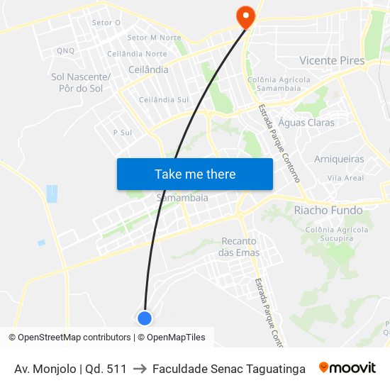 Av. Monjolo | Qd. 511 to Faculdade Senac Taguatinga map