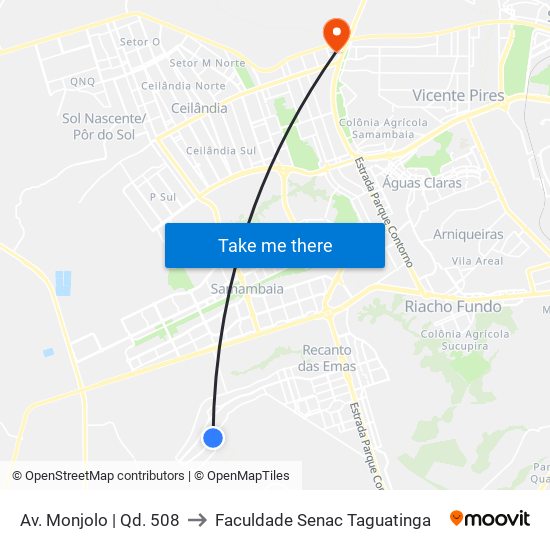 Av. Monjolo | Qd. 508 to Faculdade Senac Taguatinga map
