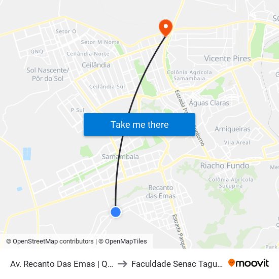 Av. Recanto Das Emas | Qd. 303 to Faculdade Senac Taguatinga map