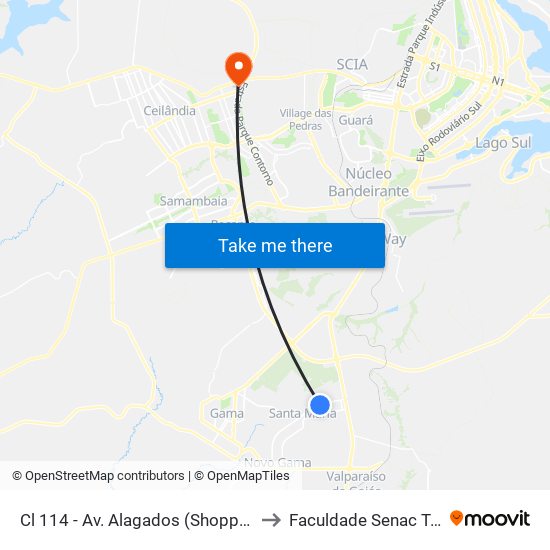 Cl 114 - Av. Alagados (Shopping/Delegacia) to Faculdade Senac Taguatinga map