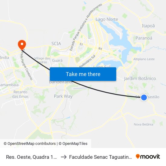 Res. Oeste, Quadra 102 to Faculdade Senac Taguatinga map