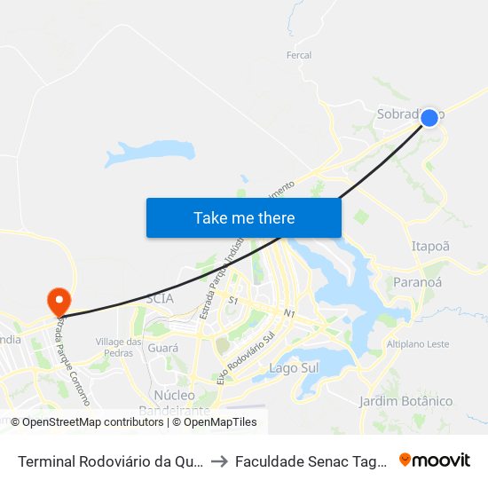 Terminal Rodoviário da Quadra 18 to Faculdade Senac Taguatinga map