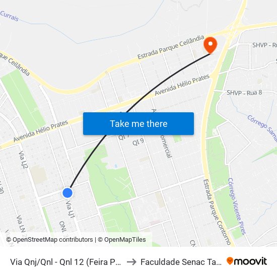 Via Qnj/Qnl - Qnl 12 (Feira Permanente) to Faculdade Senac Taguatinga map