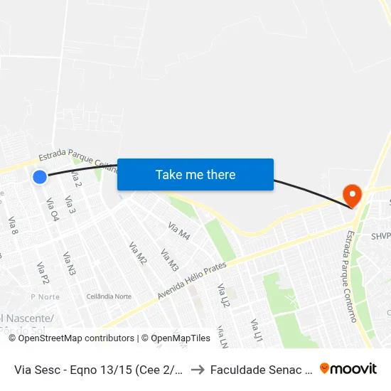 Via Sesc - Eqno 13/15 (Cee 2/Terminal Setor O) to Faculdade Senac Taguatinga map