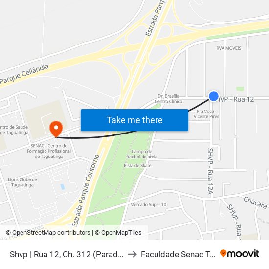 Shvp | Rua 12, Ch. 312 (Parada 12 Lanches) to Faculdade Senac Taguatinga map