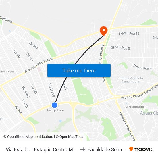 Via Estádio | Estação Centro Metropolitano / Detran to Faculdade Senac Taguatinga map