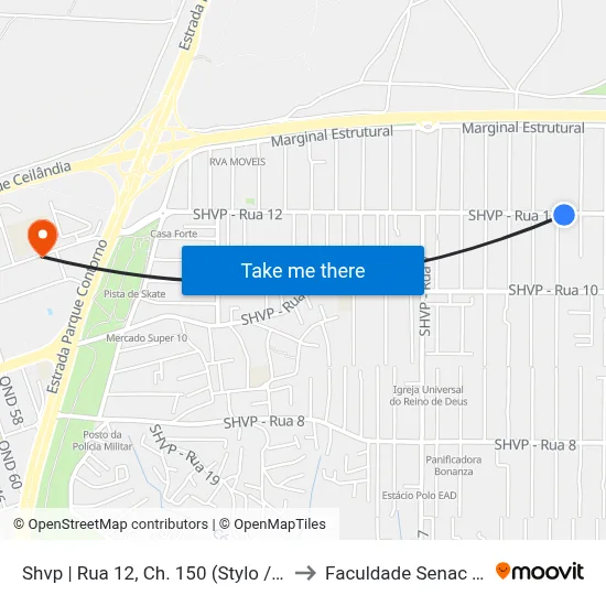 Shvp | Rua 12, Ch. 150 (Stylo / Edinho Bombas) to Faculdade Senac Taguatinga map
