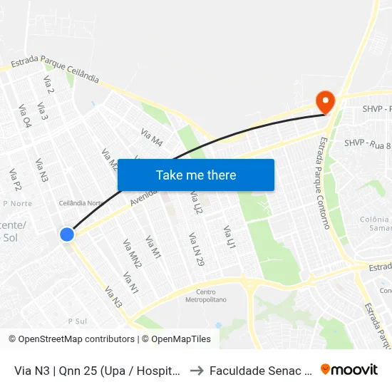 Via N3 | Qnn 25 (Upa / Hospital Cidade Do Sol) to Faculdade Senac Taguatinga map
