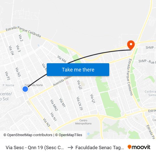Via Sesc - Qnn 19 (Sesc Ceilândia) to Faculdade Senac Taguatinga map