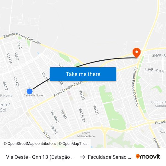 Via Oeste - Qnn 13 (Estação Ceilândia Norte) to Faculdade Senac Taguatinga map