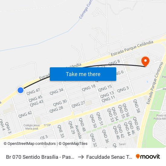 Br 070 Sentido Brasília - Passarela Da Qng to Faculdade Senac Taguatinga map