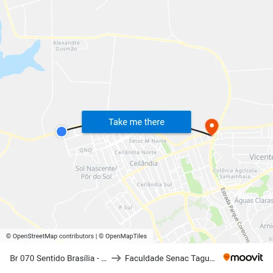 Br 070 Sentido Brasília - Qnr 5 to Faculdade Senac Taguatinga map