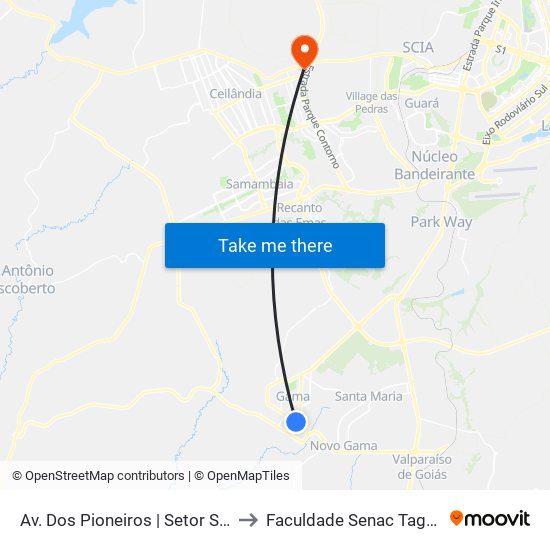 Av. Dos Pioneiros | Setor Sul, Qd. 3 to Faculdade Senac Taguatinga map