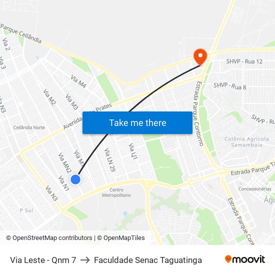 Via Leste - Qnm 7 to Faculdade Senac Taguatinga map