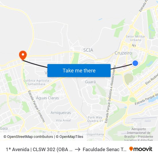 1ª Avenida | CLSW 302 (OBA / Pizza César) to Faculdade Senac Taguatinga map