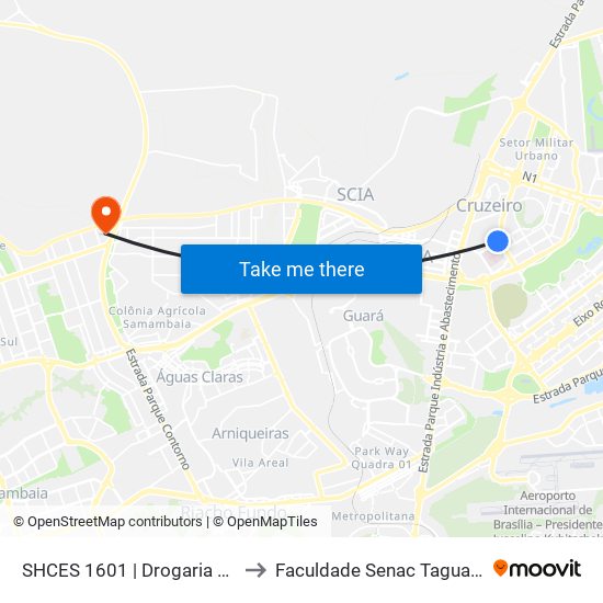 SHCES 1601 | Drogaria Brasil to Faculdade Senac Taguatinga map