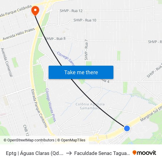 Eptg | Águas Claras (Qd. 107) to Faculdade Senac Taguatinga map