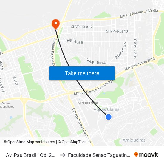 Av. Pau Brasil | Qd. 208 to Faculdade Senac Taguatinga map
