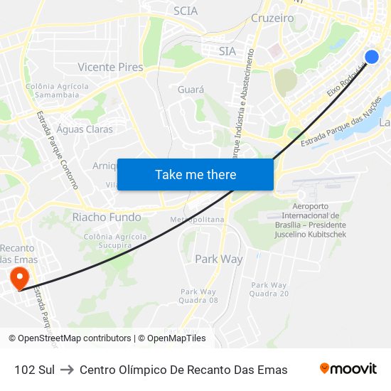 102 Sul to Centro Olímpico De Recanto Das Emas map