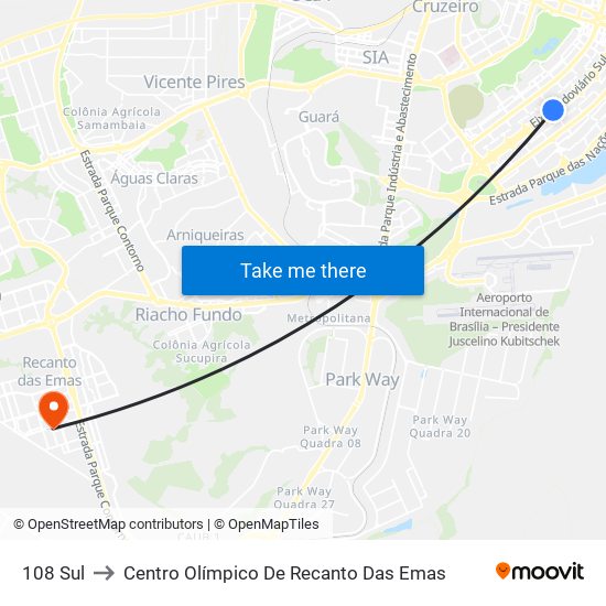 108 Sul to Centro Olímpico De Recanto Das Emas map