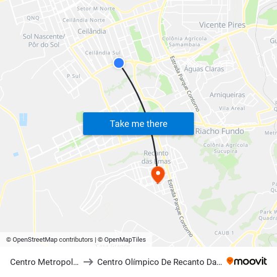 Centro Metropolitano to Centro Olímpico De Recanto Das Emas map