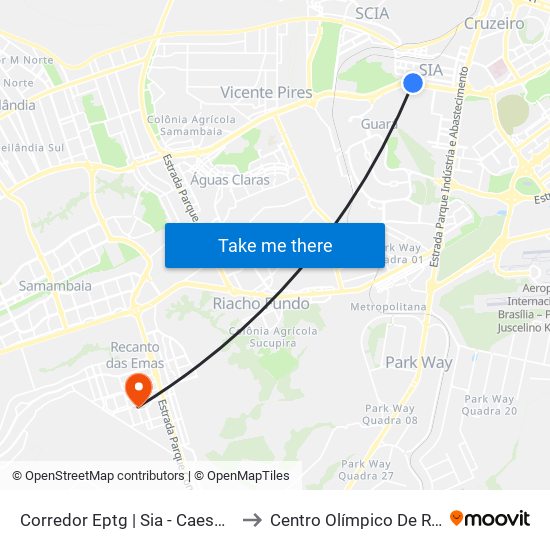 Corredor Eptg | Sia - Caesb (Sentido Taguatinga) to Centro Olímpico De Recanto Das Emas map