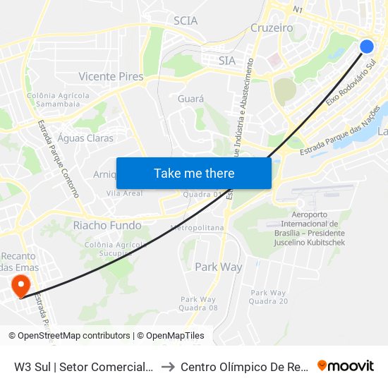 W3 Sul | Setor Comercial Sul / Pátio Brasil to Centro Olímpico De Recanto Das Emas map