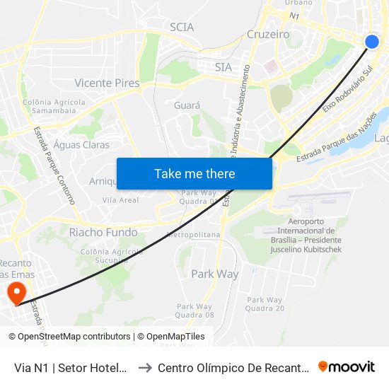 Via N1 | Setor Hoteleiro Norte to Centro Olímpico De Recanto Das Emas map