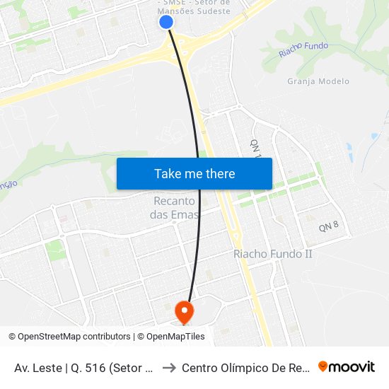 Av. Leste | Q. 516 (Setor De Mansões Q. 5) to Centro Olímpico De Recanto Das Emas map