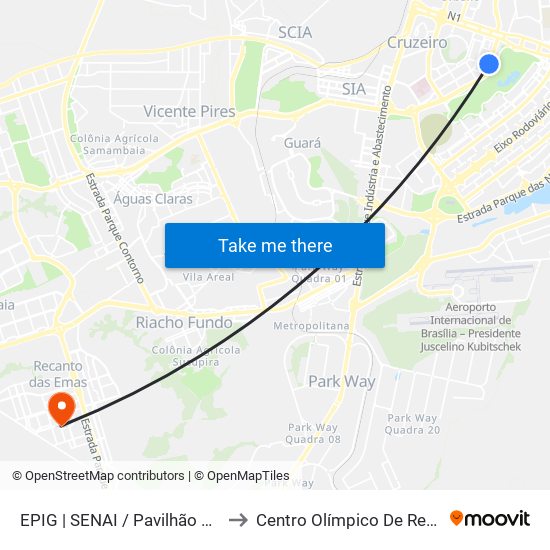 EPIG | SENAI / Pavilhão Parque da Cidade to Centro Olímpico De Recanto Das Emas map