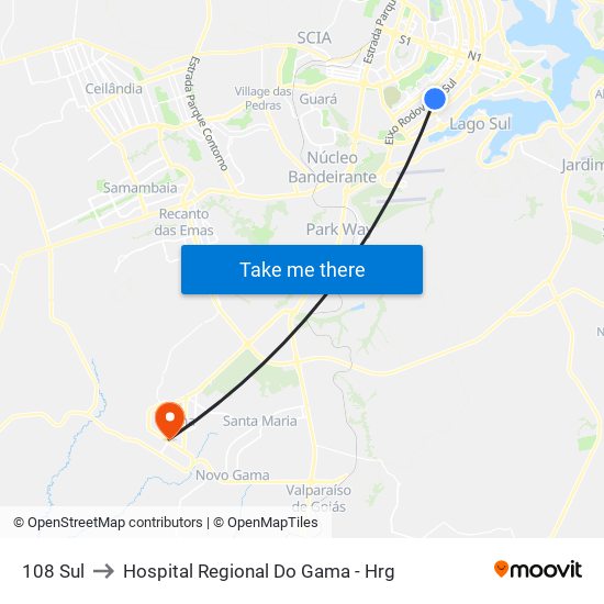 108 Sul to Hospital Regional Do Gama - Hrg map