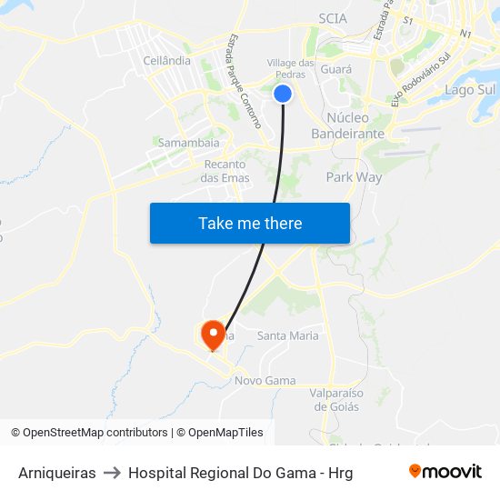 Arniqueiras to Hospital Regional Do Gama - Hrg map