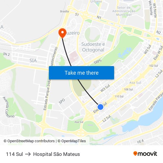 114 Sul to Hospital São Mateus map
