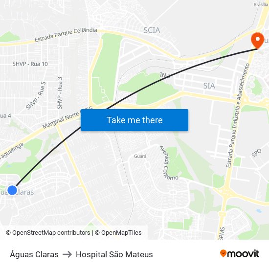 Águas Claras to Hospital São Mateus map