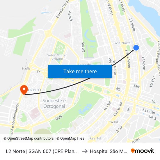 L2 Norte | SGAN 607 (CRE Plano Piloto) to Hospital São Mateus map