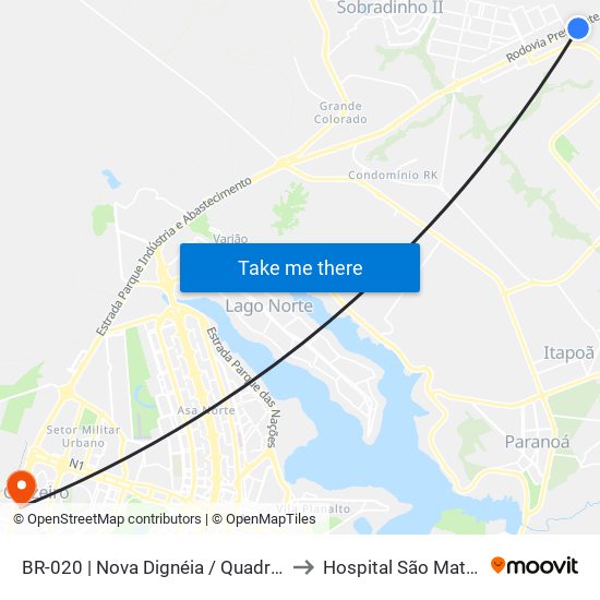 BR-020 | Nova Dignéia / Quadra 18 to Hospital São Mateus map
